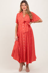 Red Flutter Sleeve Button Down Maternity Maxi Dress