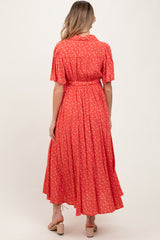 Red Flutter Sleeve Button Down Maternity Maxi Dress