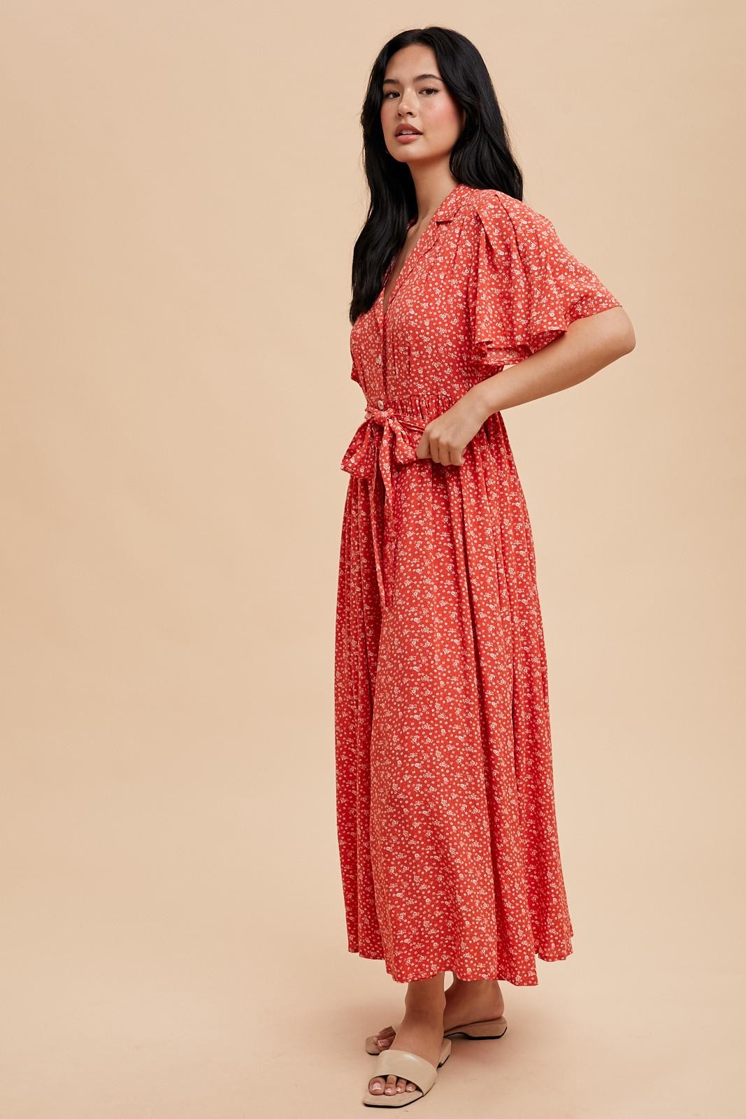Red Flutter Sleeve Button Down Maxi Dress