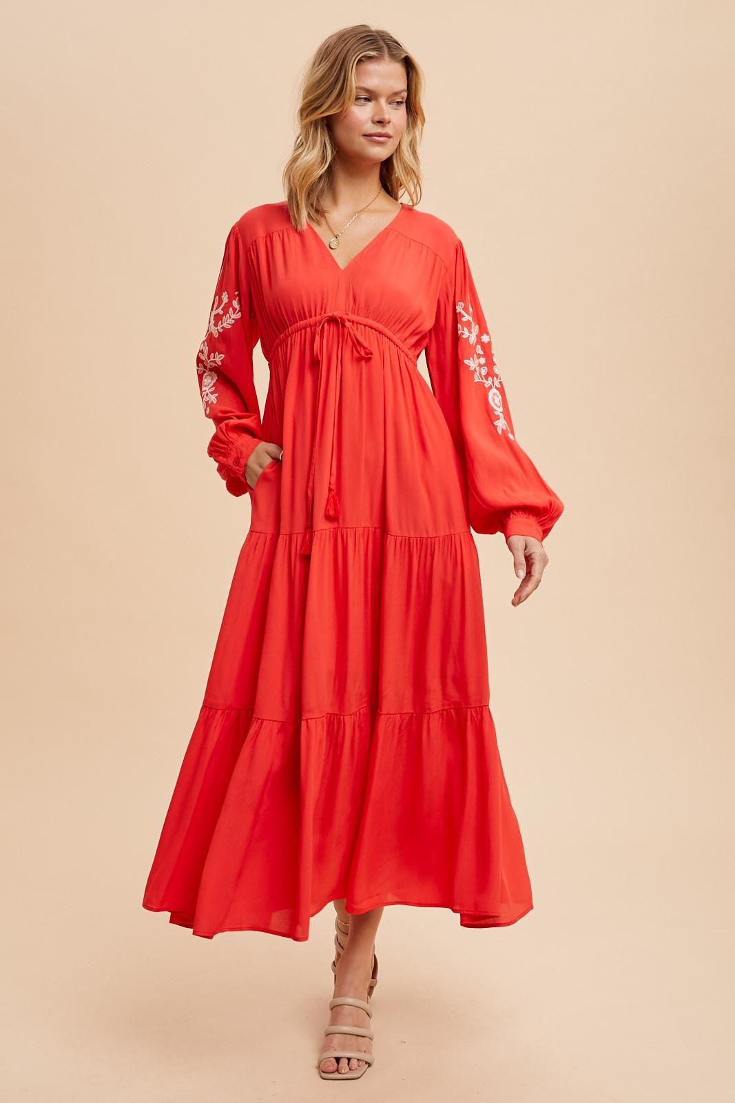 Red Embroidered Long Sleeve Maxi Dress Red Embroidered Long Sleeve Maxi Dress