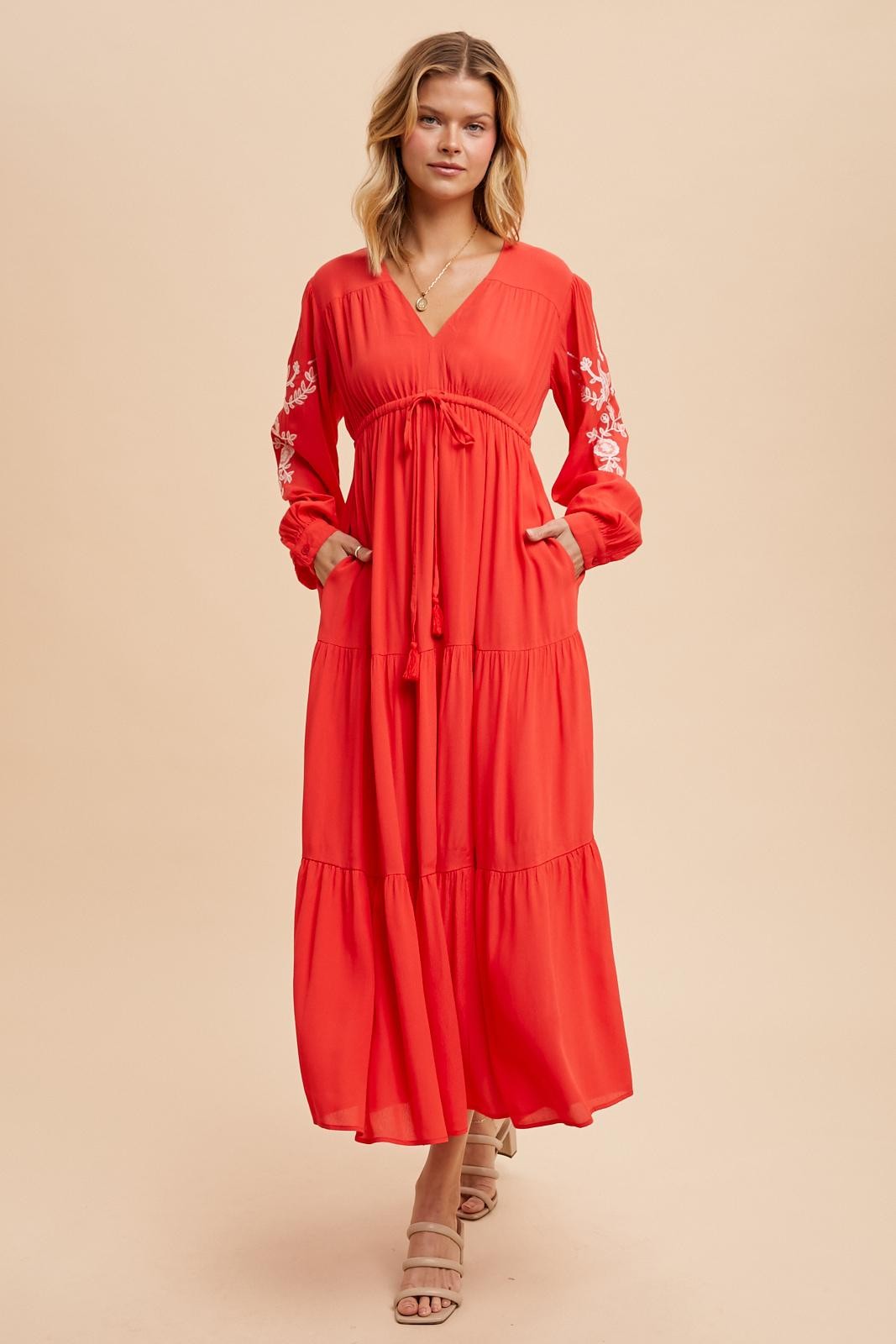 Red Embroidered Long Sleeve Maxi Dress PinkBlush Red Embroidered Long Sleeve Maxi Dress PinkBlush