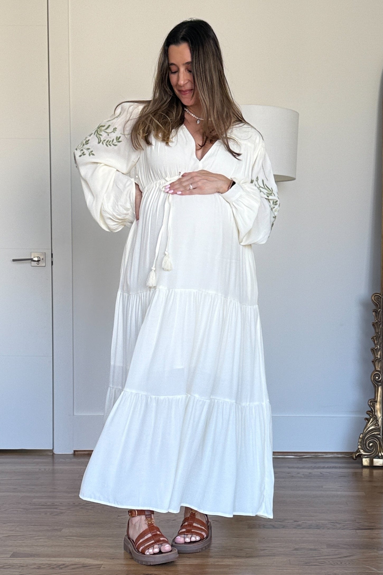 Cream Embroidered Long Sleeve Maternity Maxi Dress PinkBlush Cream Embroidered Long Sleeve Maternity Maxi Dress PinkBlush