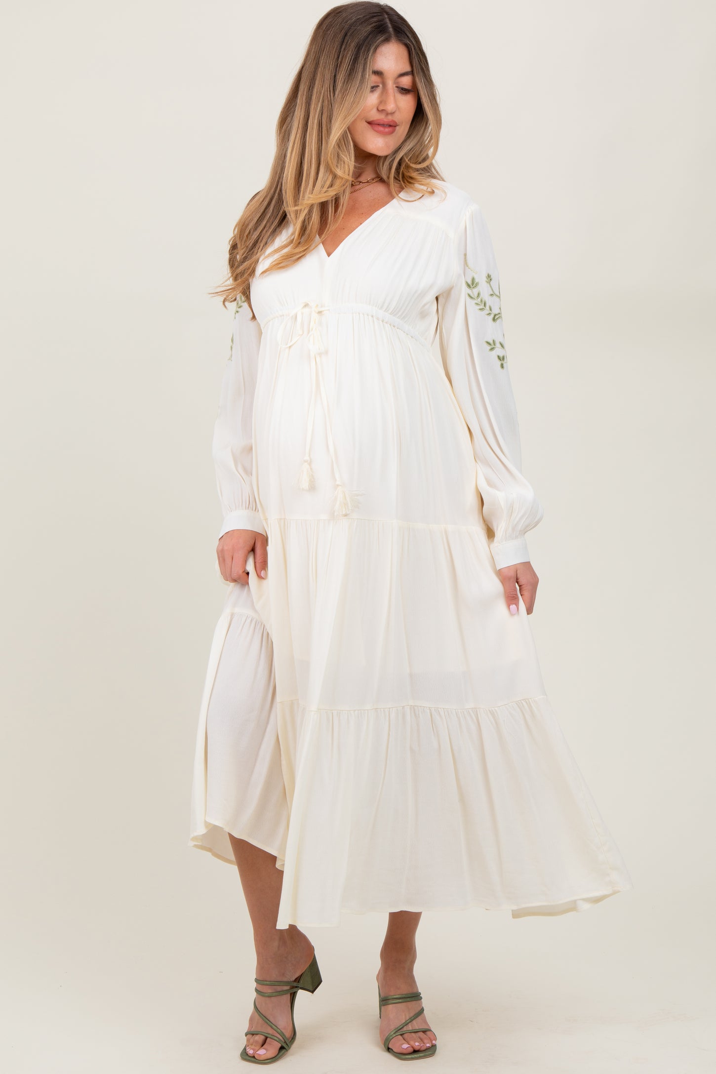 Cream Embroidered Long Sleeve Maternity Maxi Dress Cream Embroidered Long Sleeve Maternity Maxi Dress