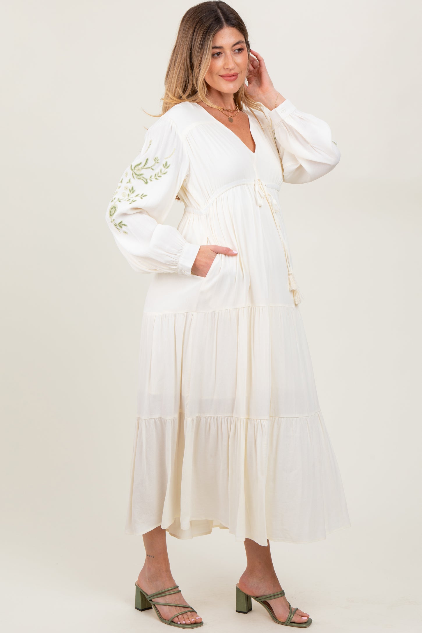Cream Embroidered Long Sleeve Maternity Maxi Dress Cream Embroidered Long Sleeve Maternity Maxi Dress