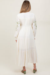 Cream Embroidered Long Sleeve Maternity Maxi Dress
