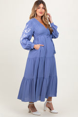 Blue Embroidered Long Sleeve Maternity Maxi Dress