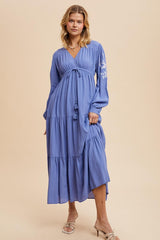 Blue Embroidered Long Sleeve Maternity Maxi Dress