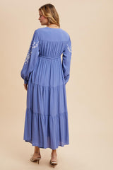Blue Embroidered Long Sleeve Maxi Dress
