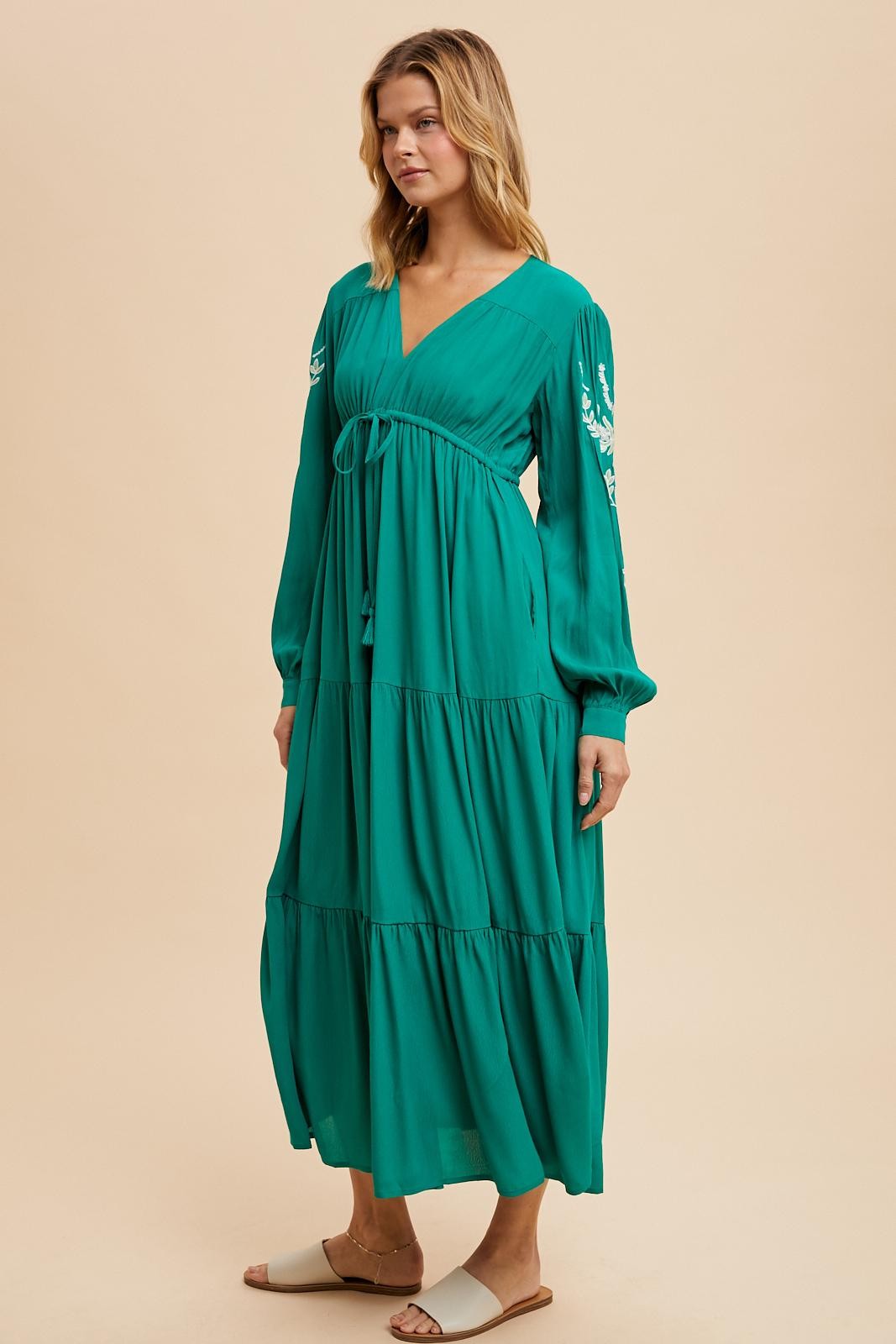 Jade Embroidered Long Sleeve Maxi Dress