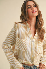 Dark Yellow Striped Double Pocket Button Down Top