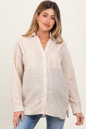 Dark Yellow Striped Double Pocket Maternity Button Down Top