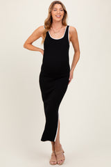 Black Colorblock Trim Knit Side Slit Maternity Midi Dress