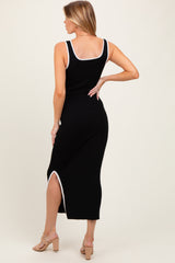 Black Colorblock Trim Knit Side Slit Maternity Midi Dress