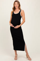 Black Colorblock Trim Knit Side Slit Maternity Midi Dress