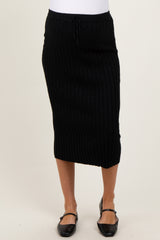 Black Ribbed Knit Drawstring Maternity Midi Skirt