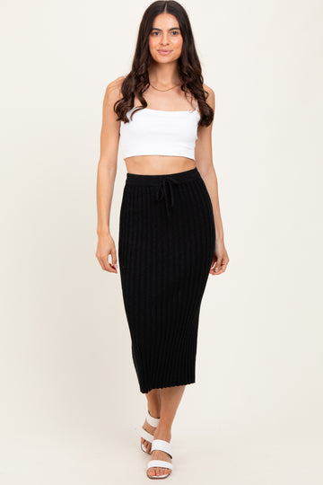 Black Ribbed Knit Drawstring Midi Skirt