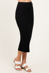 Black Ribbed Knit Drawstring Midi Skirt
