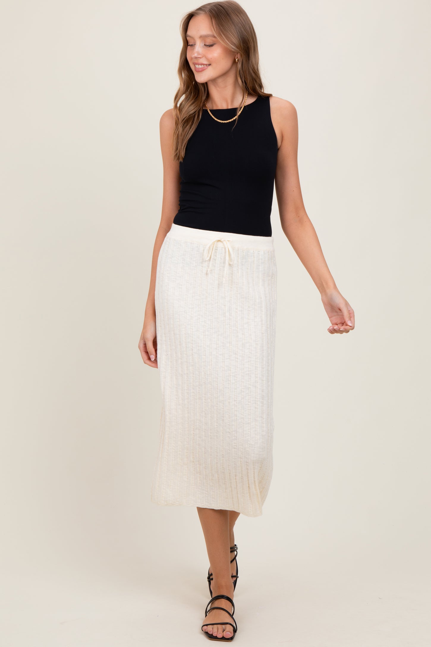 Cream Ribbed Knit Drawstring Maternity Midi Skirt