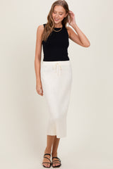 Cream Ribbed Knit Drawstring Midi Skirt