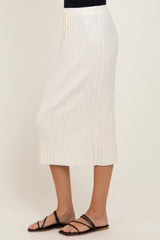 Cream Ribbed Knit Drawstring Midi Skirt
