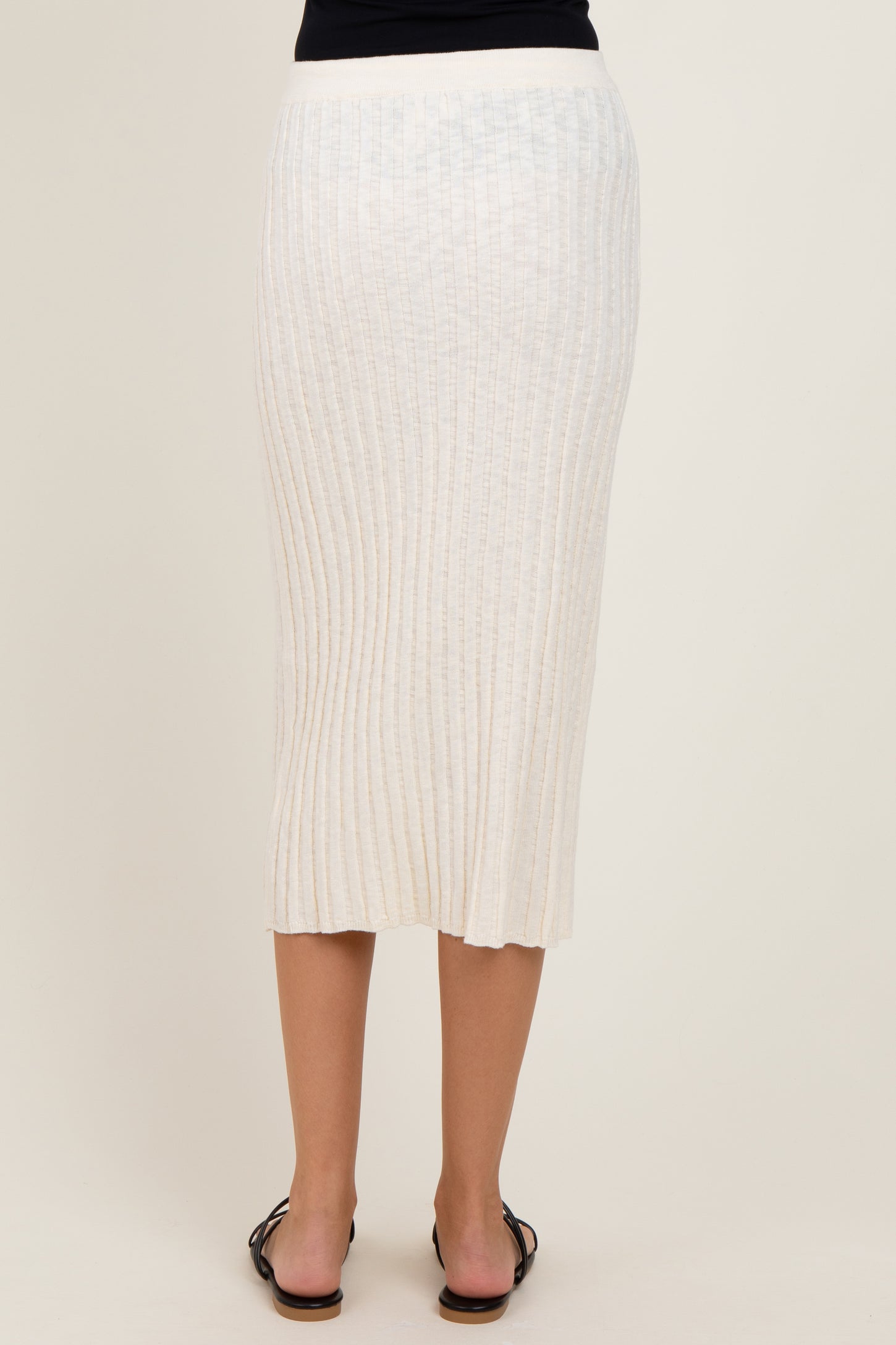 Cream Ribbed Knit Drawstring Midi Skirt
