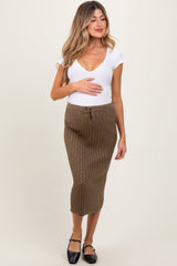 Mocha Ribbed Knit Drawstring Maternity Midi Skirt