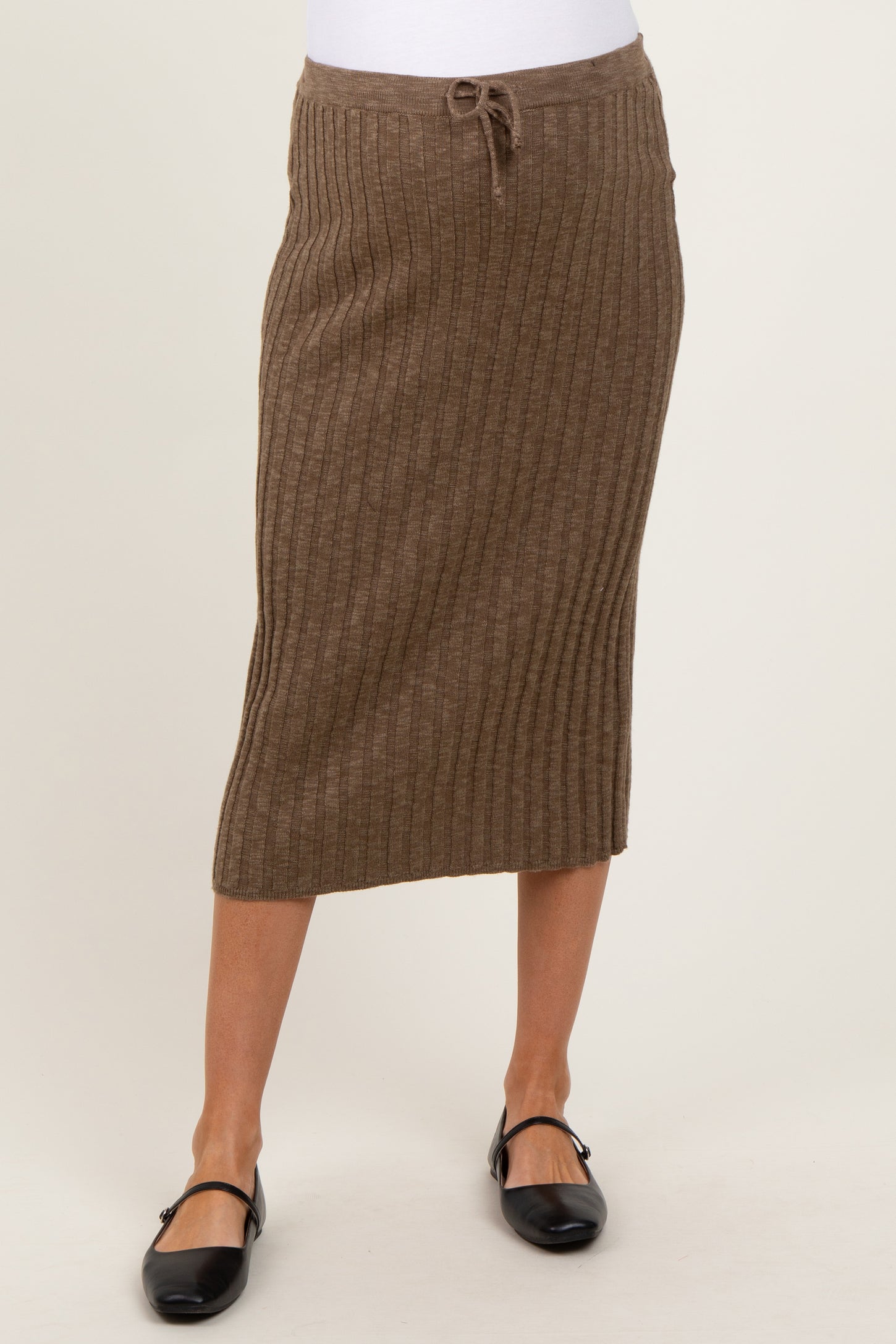 Mocha Ribbed Knit Drawstring Maternity Midi Skirt