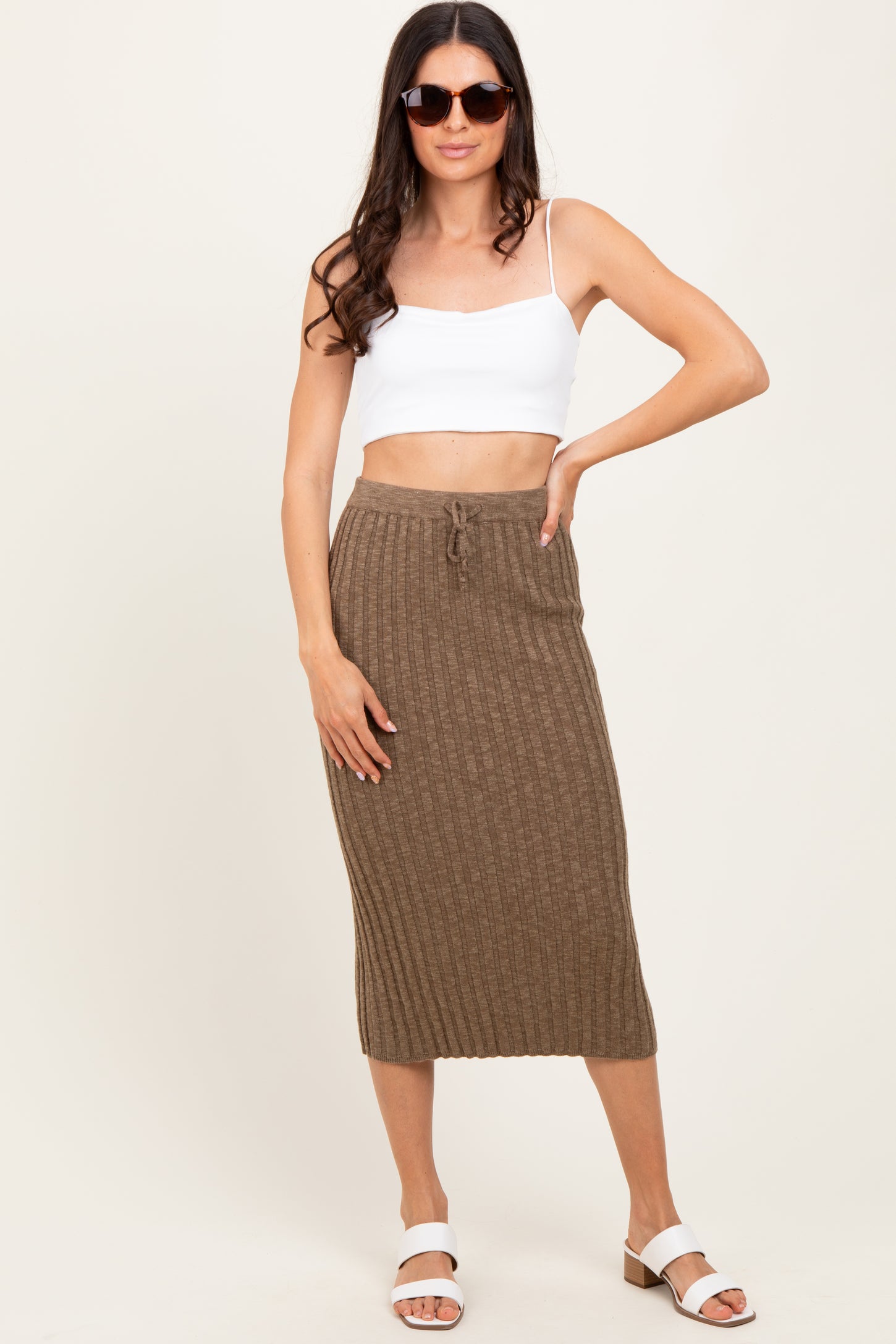 Mocha Ribbed Knit Drawstring Midi Skirt
