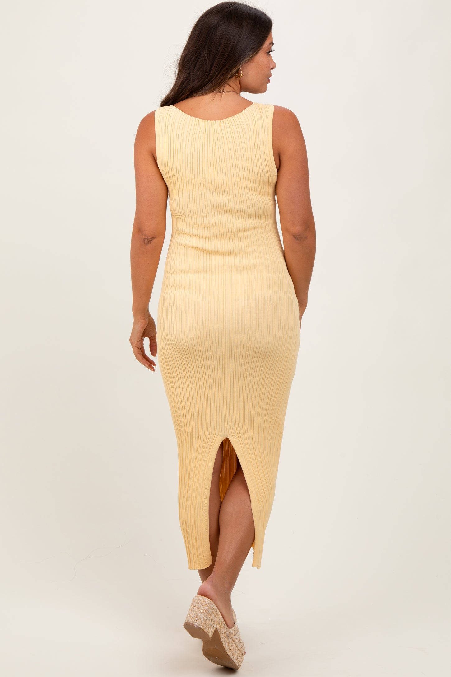 Yellow Ribbed Knit Black Slit Maternity Midi Dress