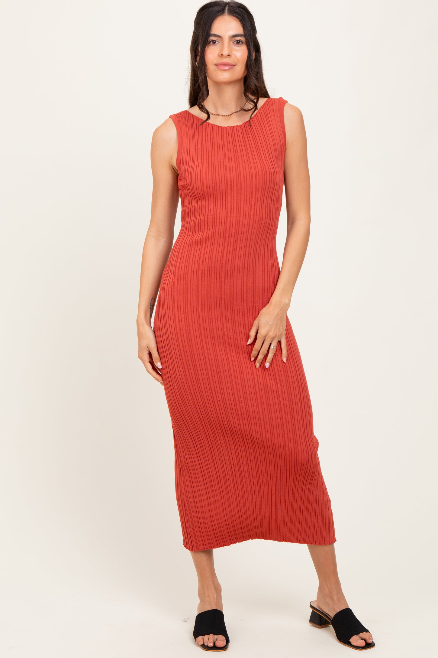 Coral Sleeveless Ribbed Maxi Dress