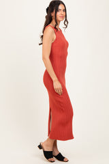 Coral Sleeveless Ribbed Maxi Dress