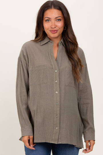 Olive Cotton Gauze Oversized Maternity Button Down Shirt