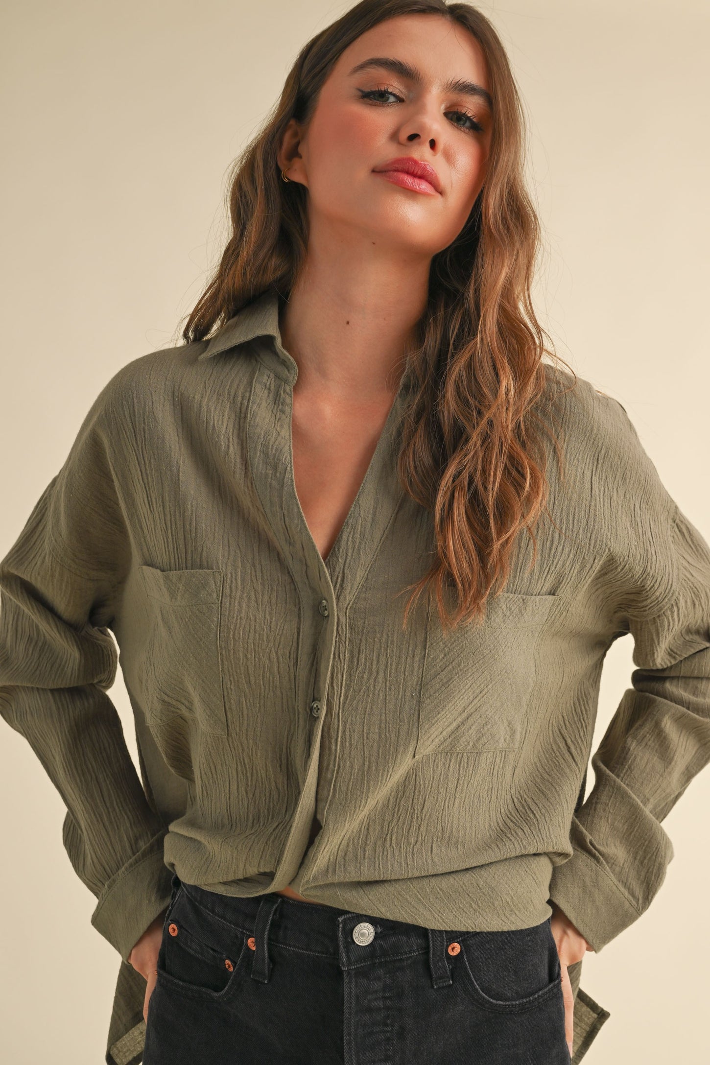 Olive Cotton Gauze Oversized Button Down Shirt