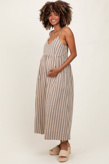 Beige Striped Linen Blend Maternity Maxi Dress