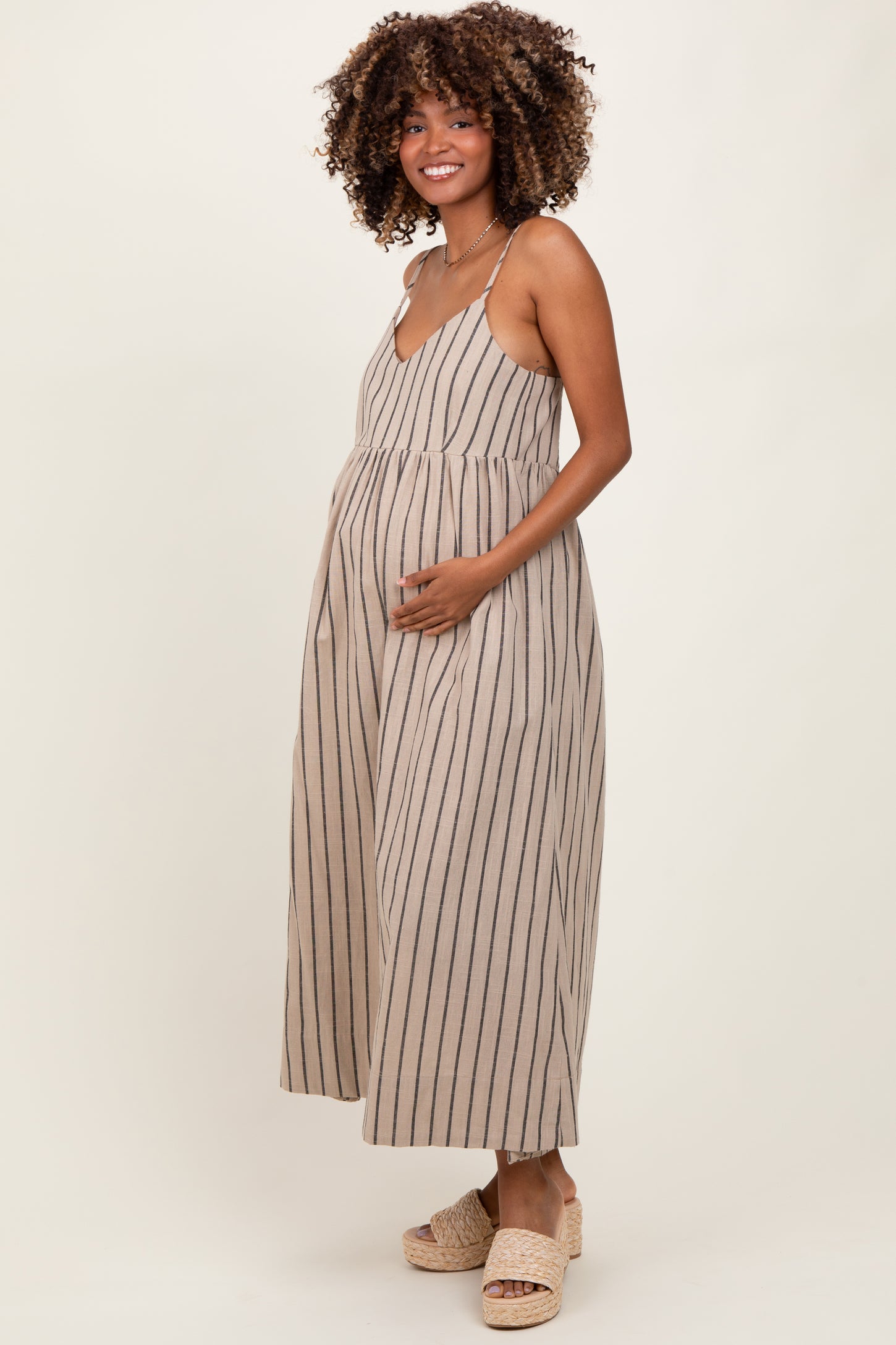 Beige Striped Linen Blend Maternity Maxi Dress PinkBlush Beige Striped Linen Blend Maternity Maxi Dress PinkBlush