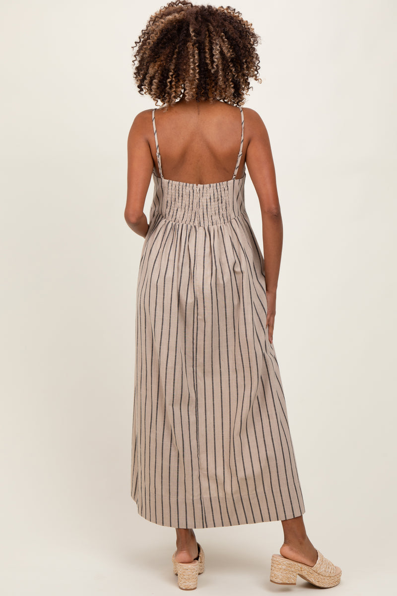 Beige Striped Linen Blend Maternity Maxi Dress Beige Striped Linen Blend Maternity Maxi Dress
