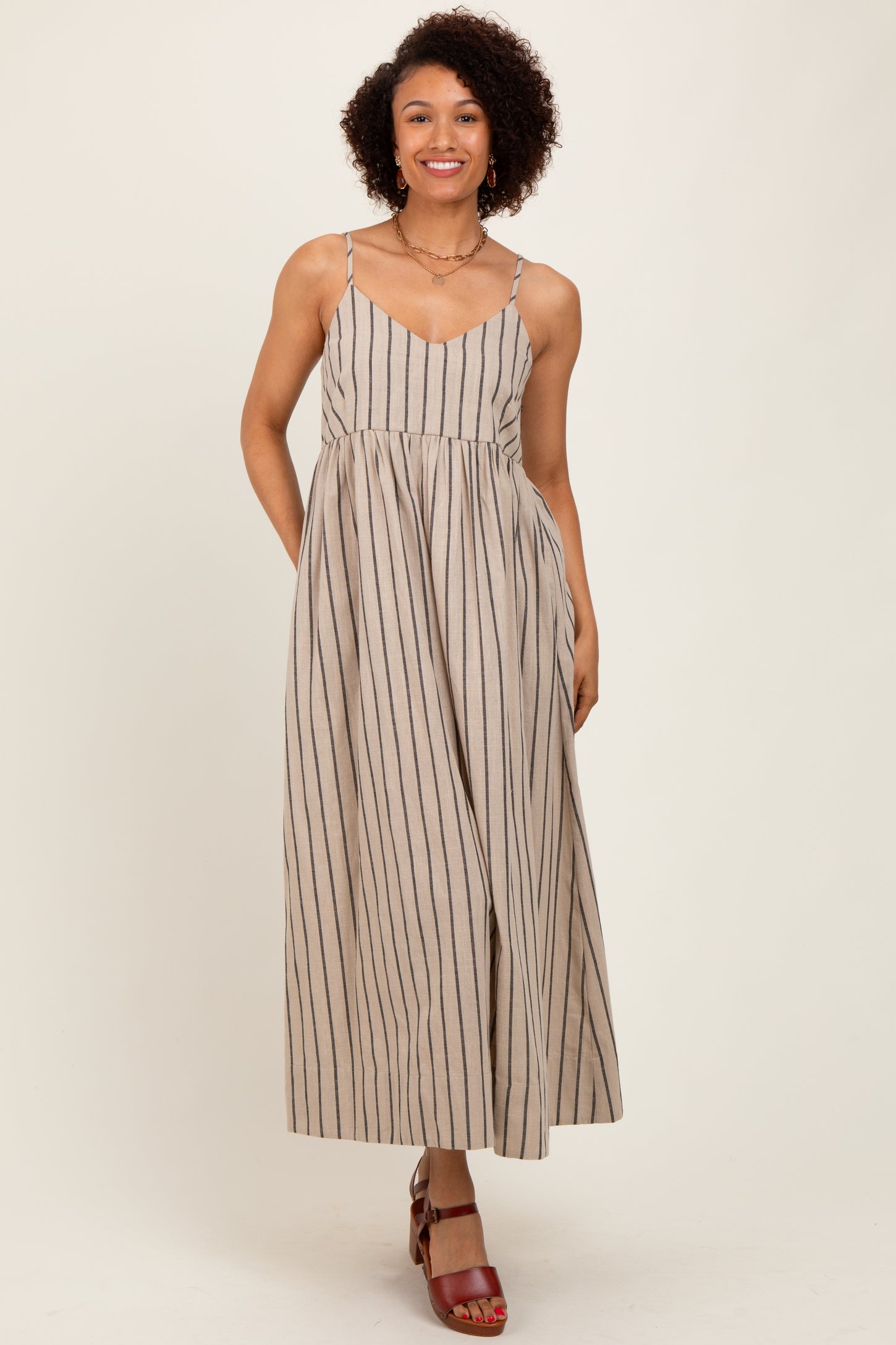 Beige Striped Linen Blend Maxi Dress