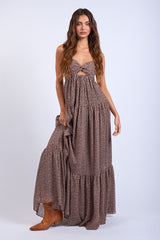 Brown Heart Print Twist Front Open Back Maxi Dress