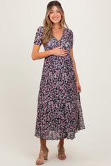 Black Floral Reversible Front Cinched Maternity Midi Dress