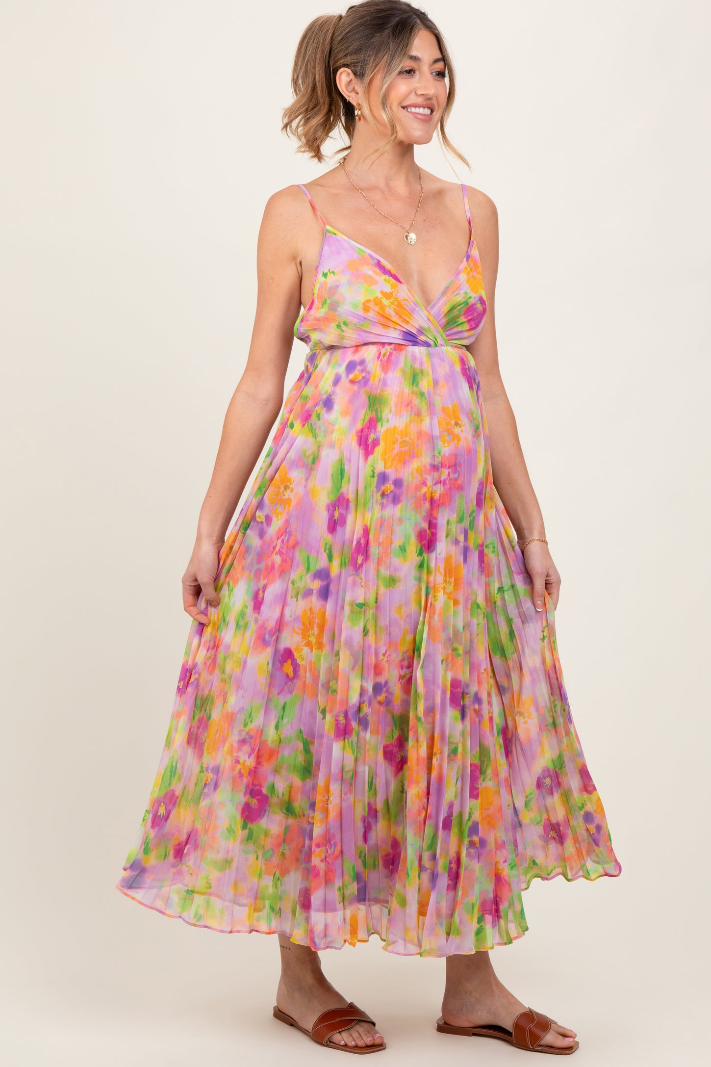 Lilac Floral Pleated Open Back Maternity Maxi Dress – PinkBlush