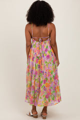 Lilac Floral Pleated Open Back Maxi Dress