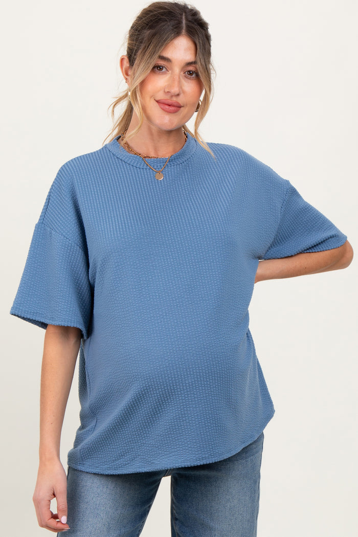 Blue Ribbed Short Sleeve Maternity Top