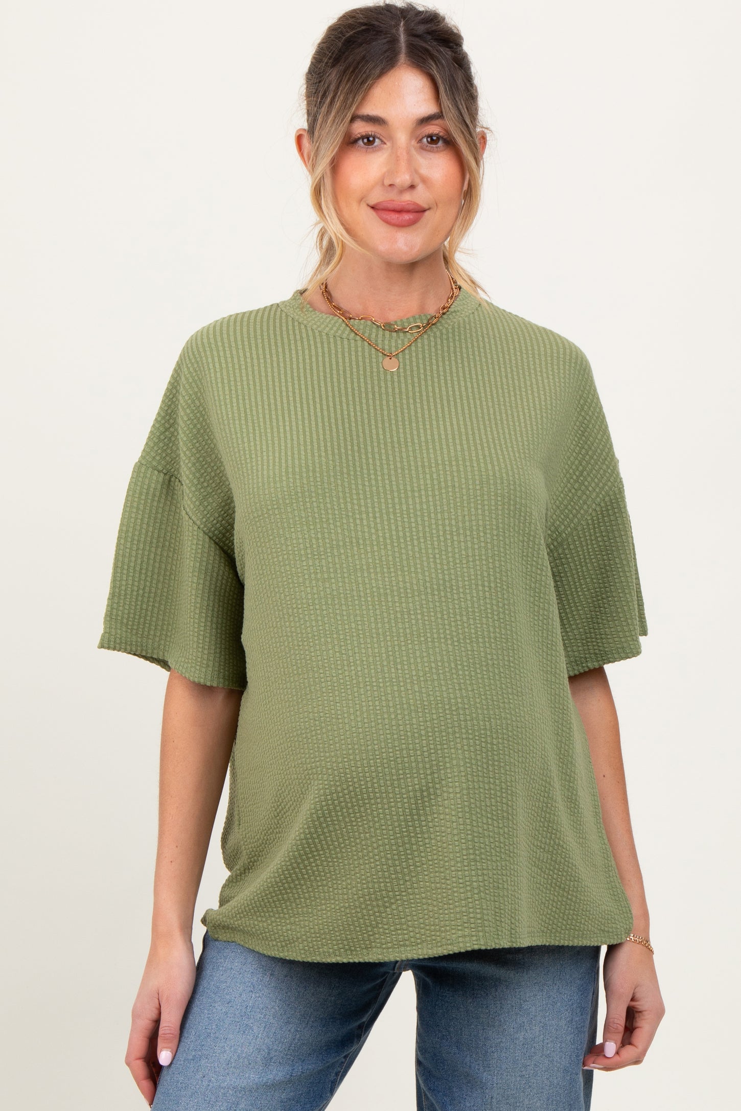 Olive Ribbed Short Sleeve Maternity Top