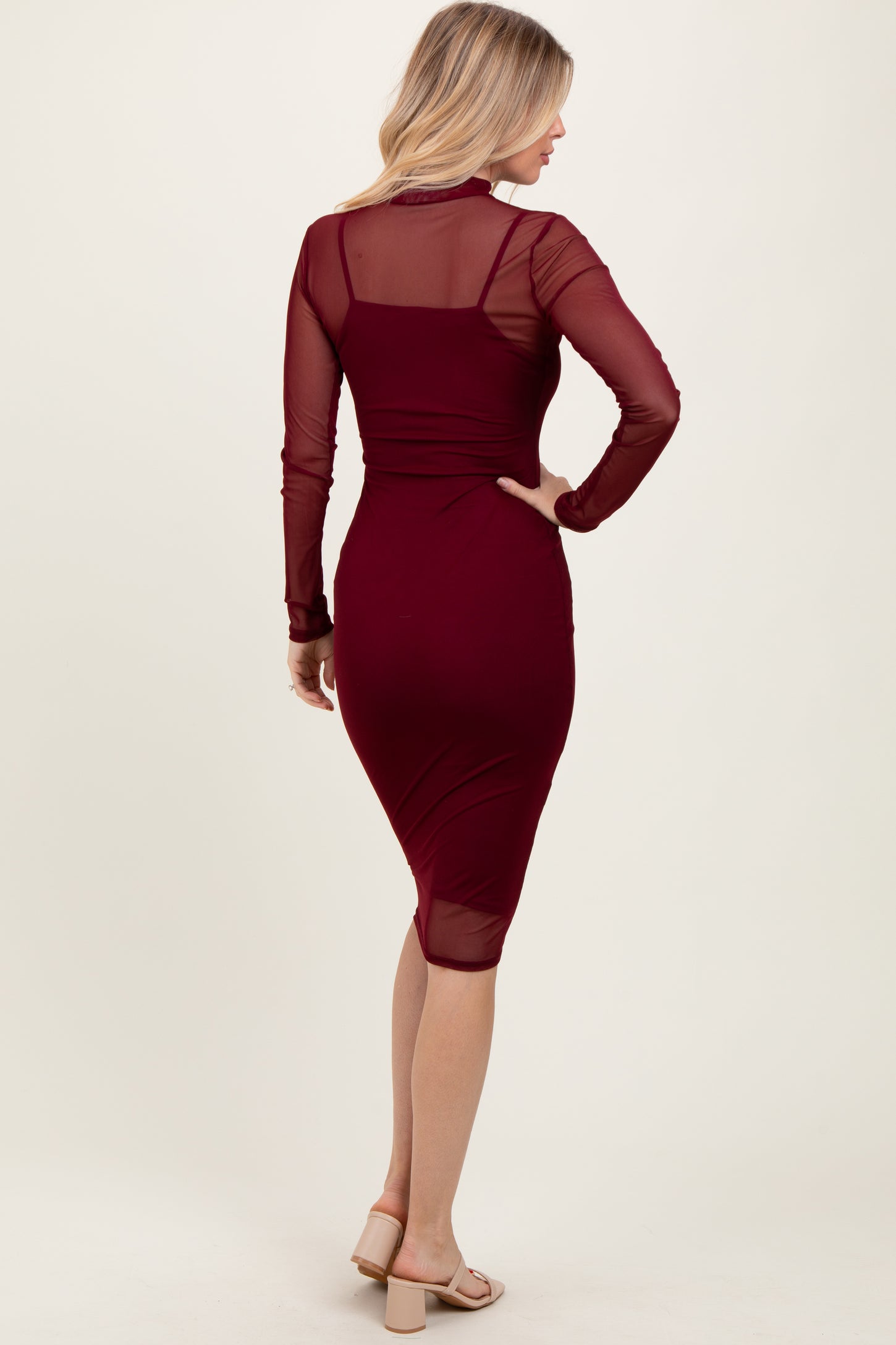 Burgundy Mesh Overlay Long Sleeve Midi Dress – PinkBlush