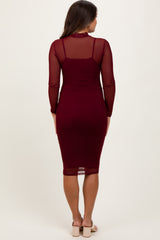 Burgundy Mesh Overlay Long Sleeve Maternity Midi Dress