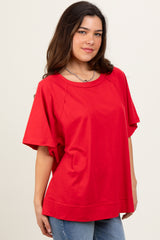 Red Oversized Raw Hem Short Sleeve Tee