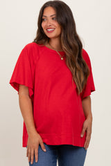 Red Oversized Raw Hem Short Sleeve Maternity Tee