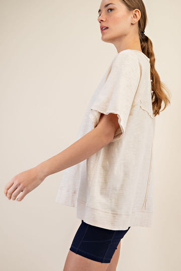 Beige Oversized Raw Hem Short Sleeve Tee