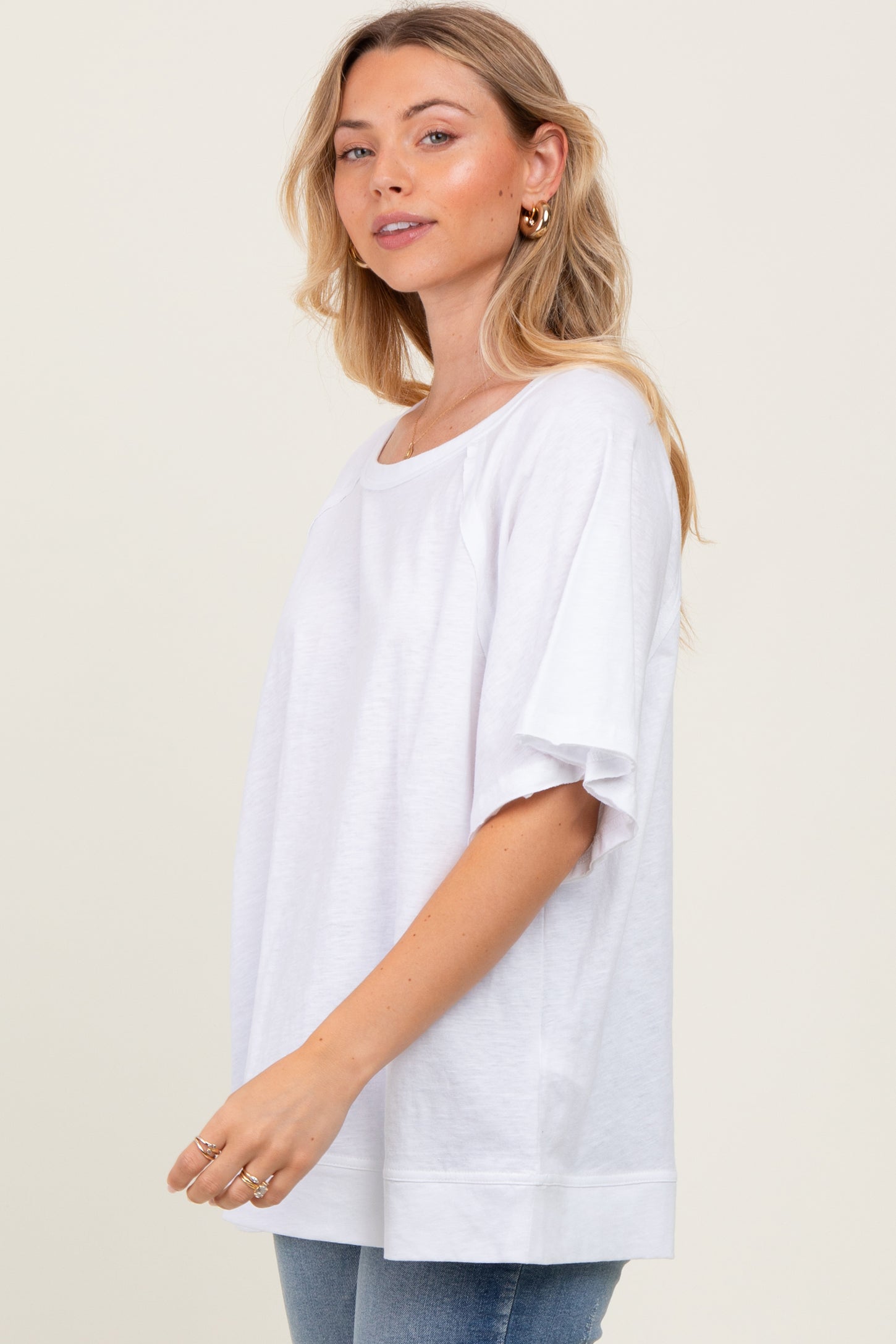 White Oversized Raw Hem Short Sleeve Tee