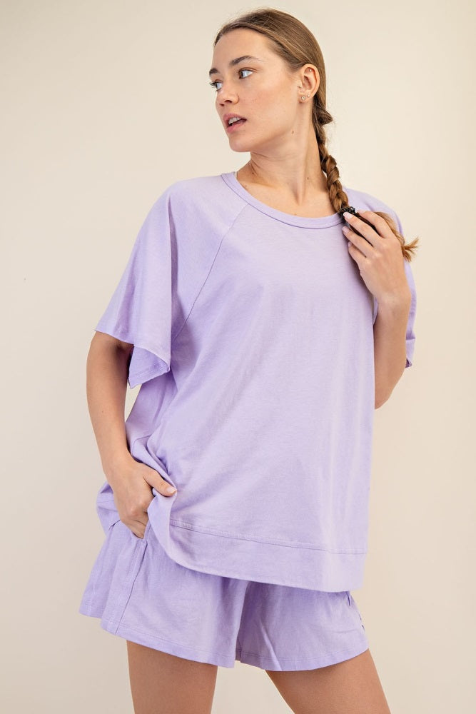 Lavender Oversized Raw Hem Short Sleeve Tee